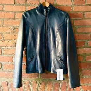 Vera Pelle Women’s Slate Blue Italian Leather Moto Jacket, IT 44, US 2/4